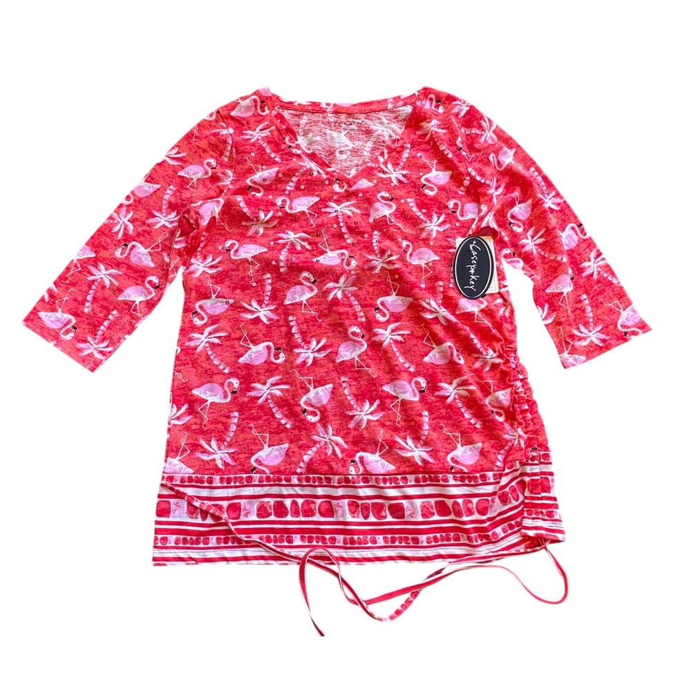Casey Key Womens Flamingo Palm Tree Sequin Tunic Top Pink Coral Petite Large NWT